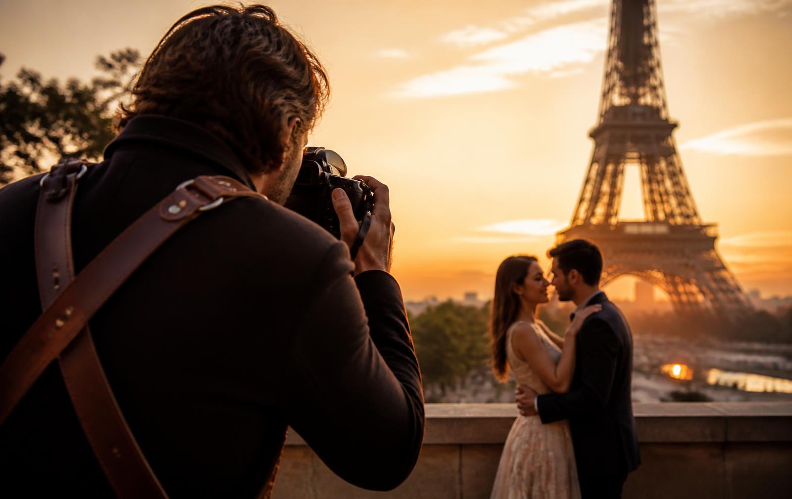 Photographer capturing a couple at sunset in front of the Eiffel Tower